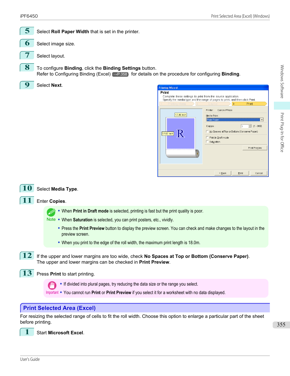 Print selected area (excel) | Canon imagePROGRAF iPF6450 User Manual | Page 355 / 1066