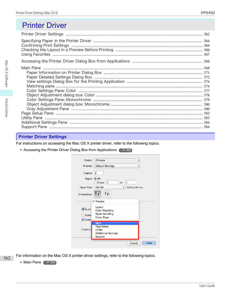 Printer driver, Printer driver settings, P.362 | Canon imagePROGRAF iPF6450 User Manual | Page 362 / 1066