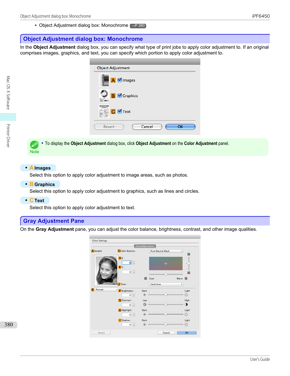 Object adjustment dialog box: monochrome, Gray adjustment pane, P.380 | Canon imagePROGRAF iPF6450 User Manual | Page 380 / 1066