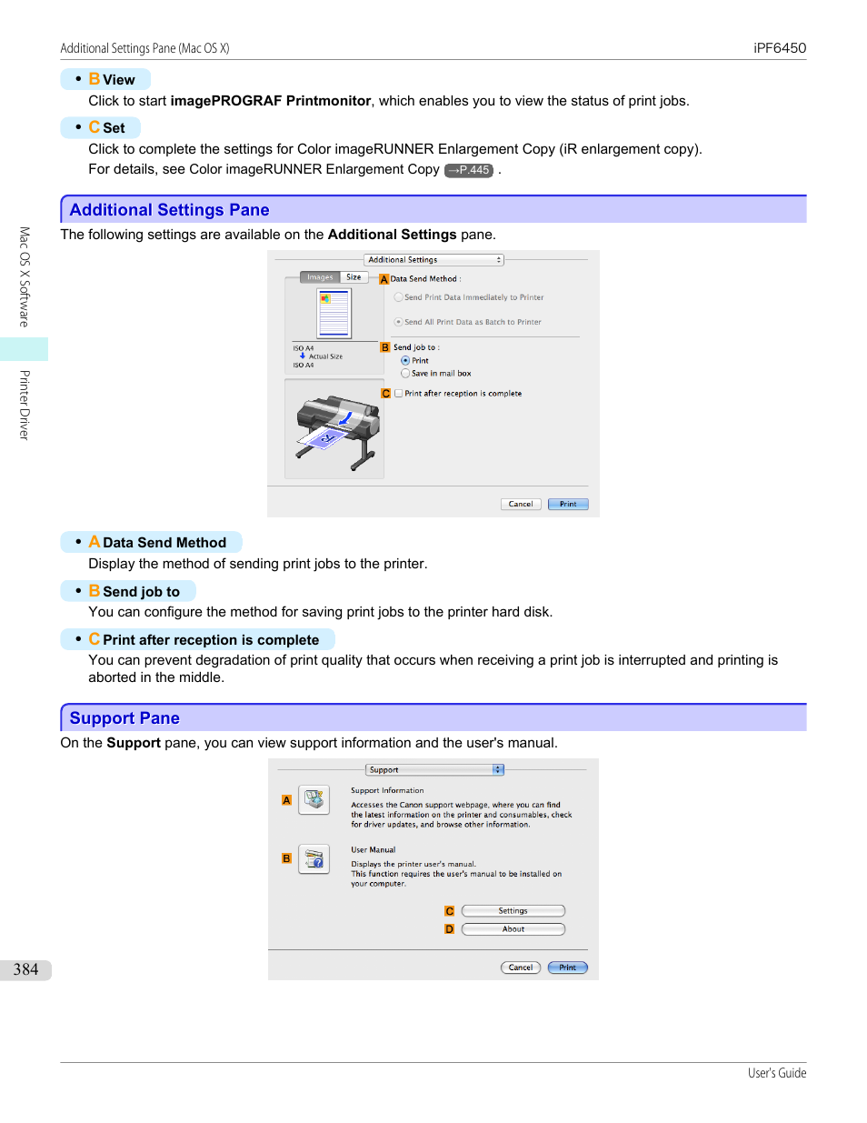Additional settings pane, Support pane, Additional settings pane support pane | P.384 | Canon imagePROGRAF iPF6450 User Manual | Page 384 / 1066