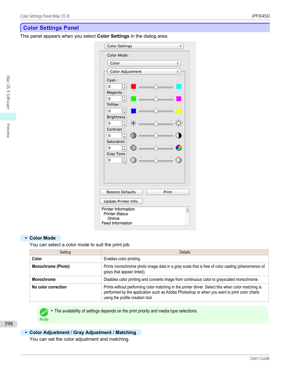 Color settings panel | Canon imagePROGRAF iPF6450 User Manual | Page 398 / 1066