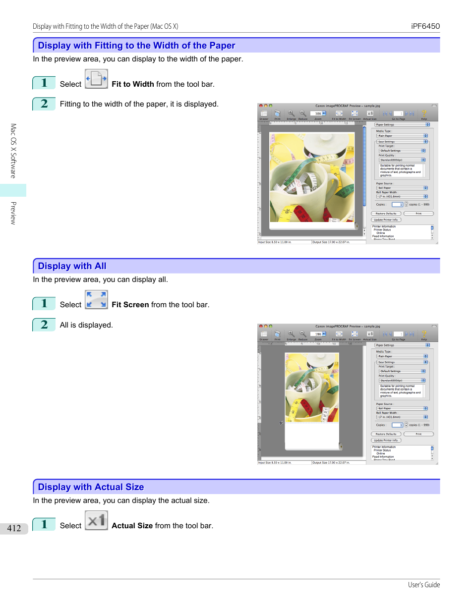Display with fitting to the width of the paper, Display with all, Display with actual size | Canon imagePROGRAF iPF6450 User Manual | Page 412 / 1066