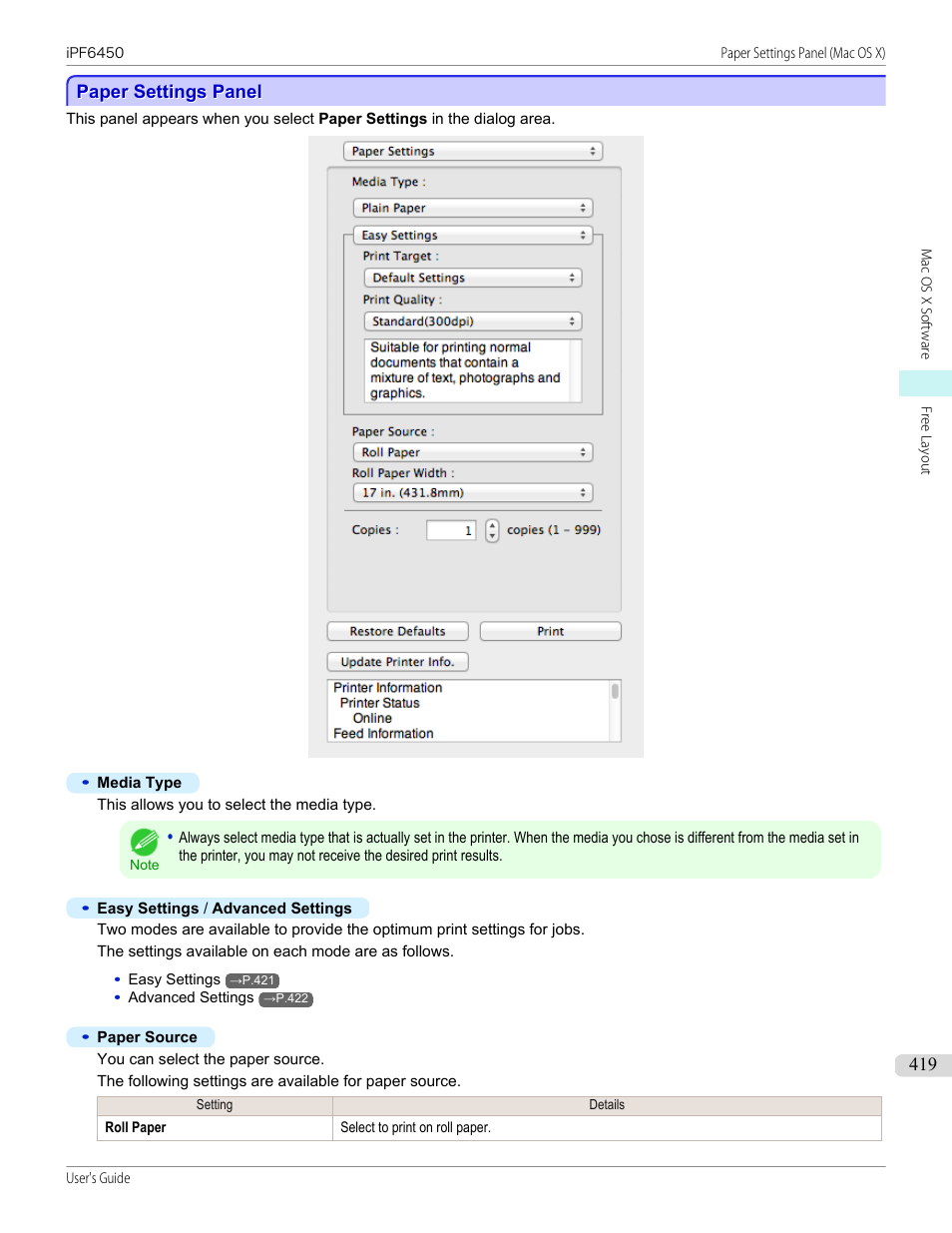 Paper settings panel | Canon imagePROGRAF iPF6450 User Manual | Page 419 / 1066