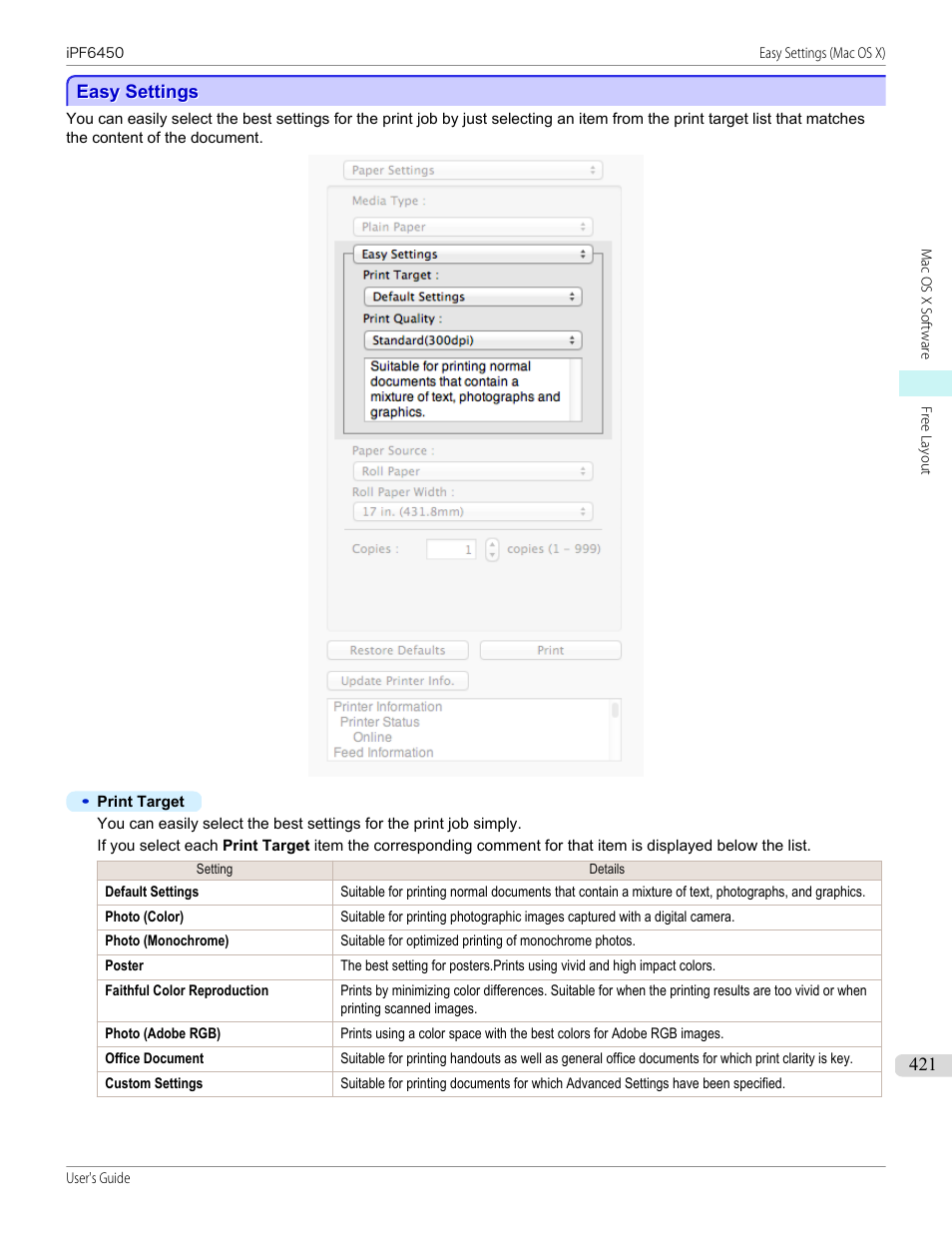 Easy settings, P.421 | Canon imagePROGRAF iPF6450 User Manual | Page 421 / 1066