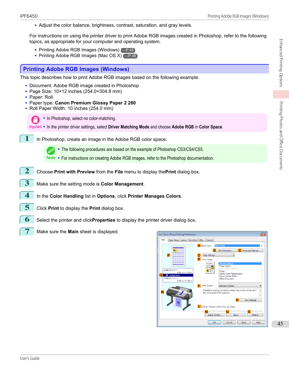 Printing adobe rgb images (windows) | Canon imagePROGRAF iPF6450 User Manual | Page 45 / 1066