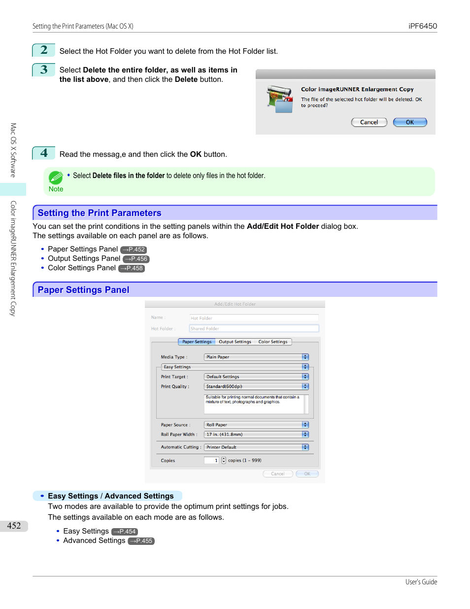 Setting the print parameters, Paper settings panel, Setting the print parameters paper settings panel | P.452 | Canon imagePROGRAF iPF6450 User Manual | Page 452 / 1066