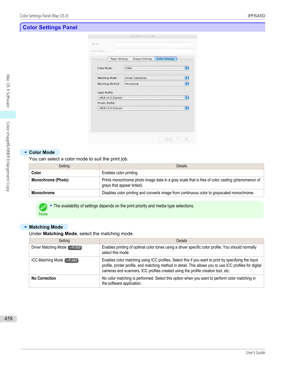 Color settings panel, P.458 | Canon imagePROGRAF iPF6450 User Manual | Page 458 / 1066