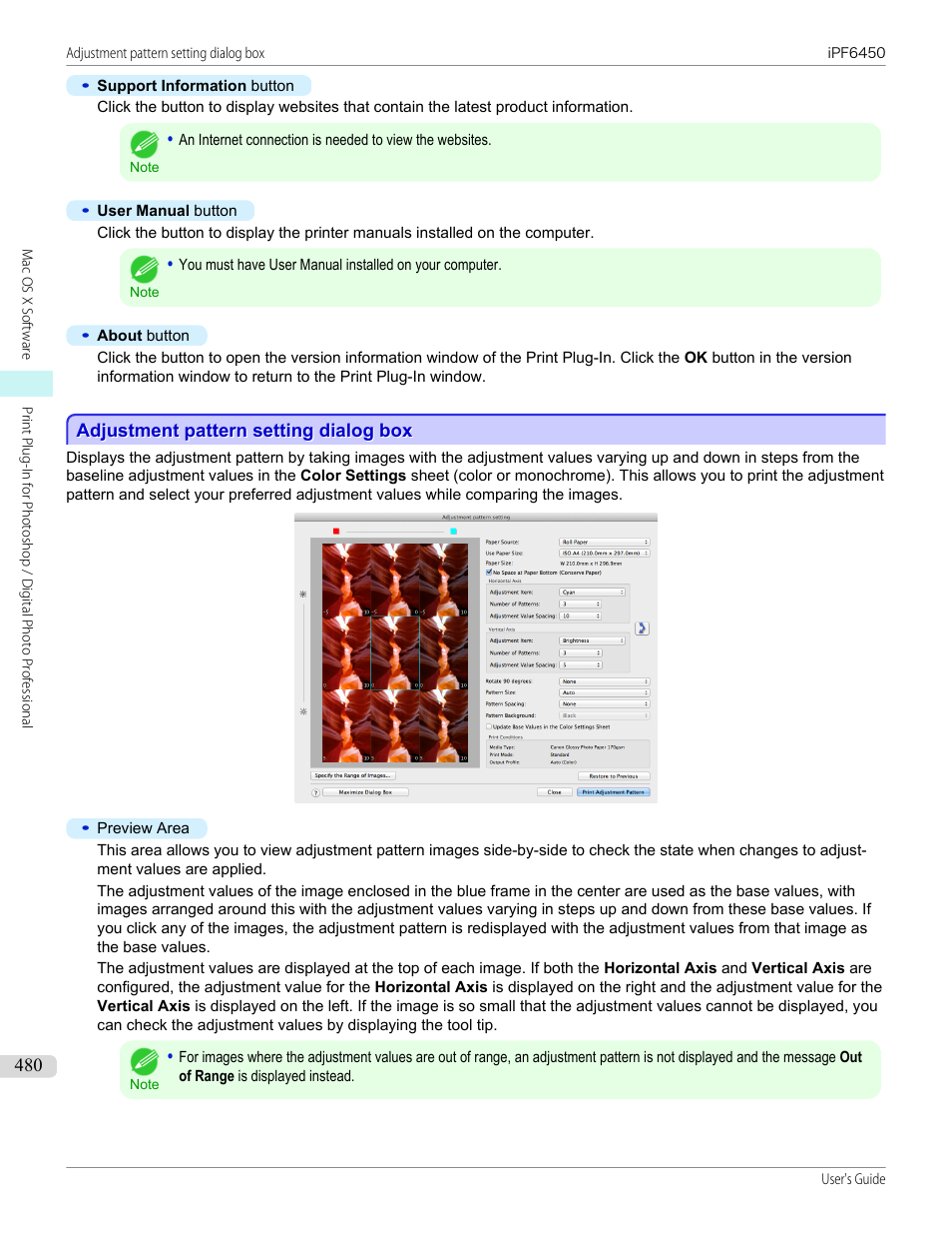 Adjustment pattern setting dialog box, See "adjustment pattern setting dialog box."), P.480 | See "adjustment pattern setting dialog box | Canon imagePROGRAF iPF6450 User Manual | Page 480 / 1066