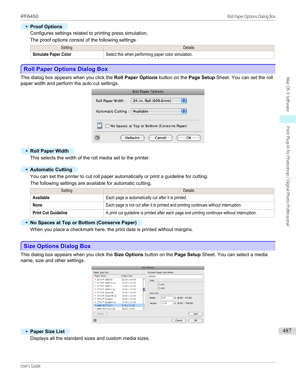Roll paper options dialog box, Size options dialog box, P.487 | See "size options dialog box | Canon imagePROGRAF iPF6450 User Manual | Page 487 / 1066