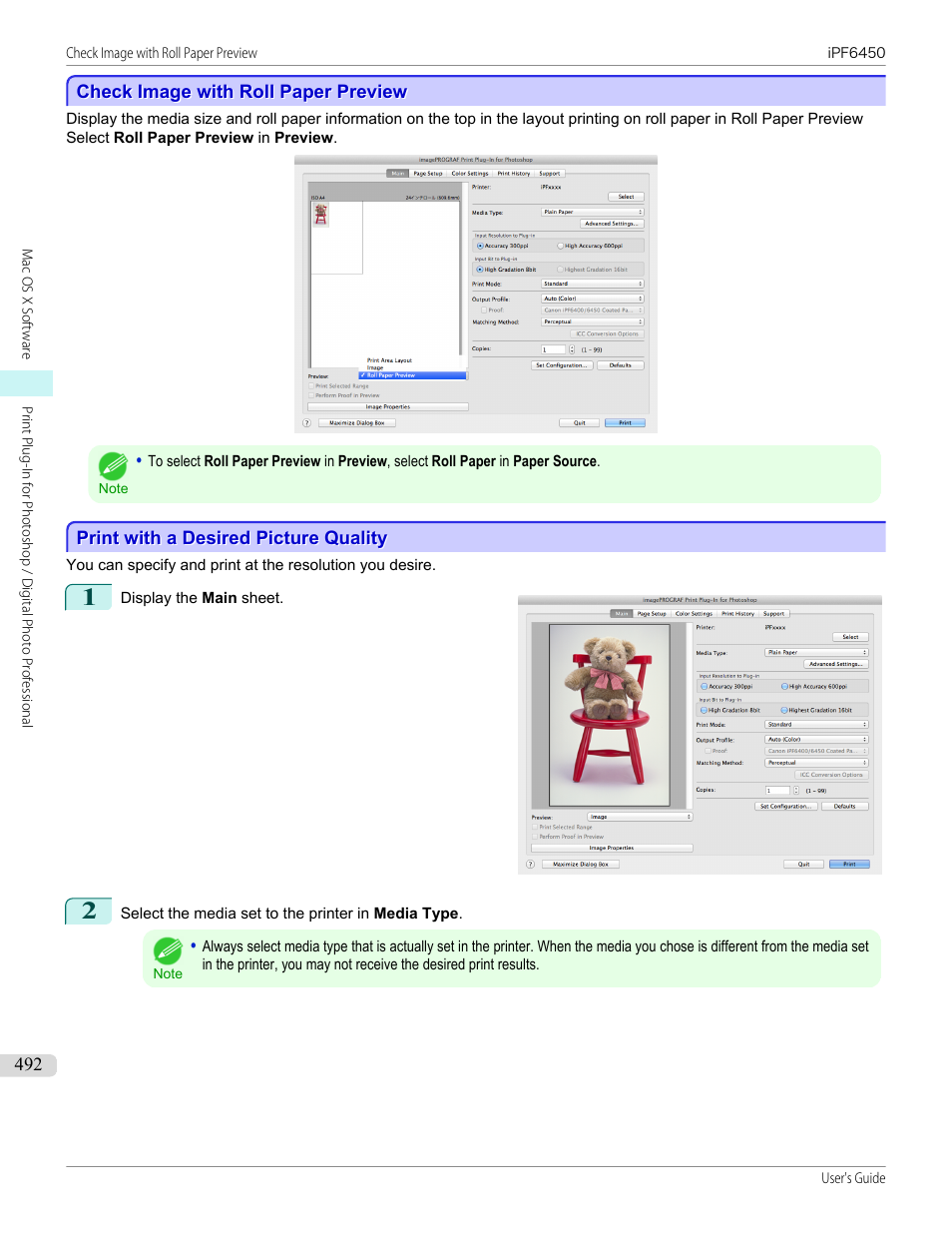 Check image with roll paper preview, Print with a desired picture quality, P.492 | Canon imagePROGRAF iPF6450 User Manual | Page 492 / 1066
