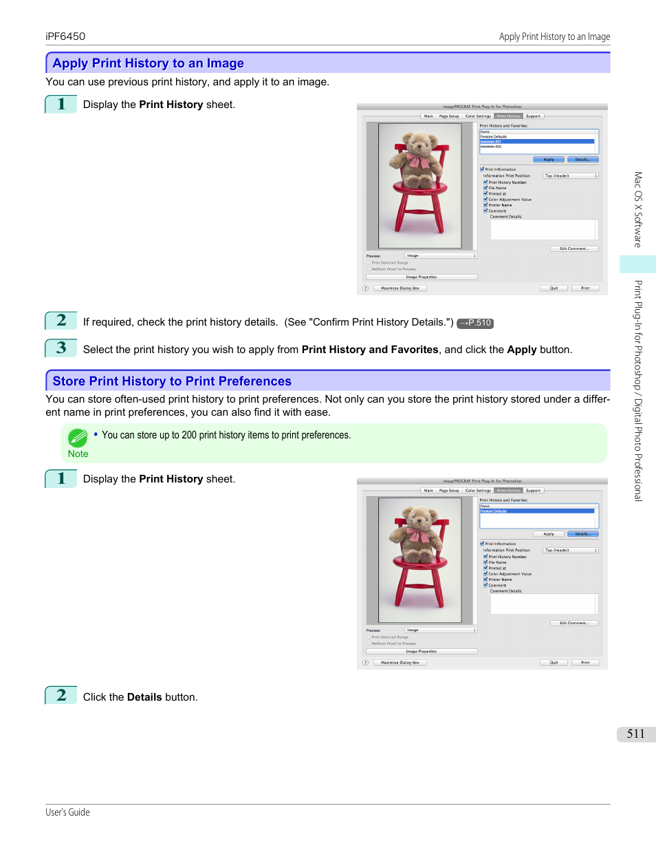 Apply print history to an image, Store print history to print preferences, P.511 | Canon imagePROGRAF iPF6450 User Manual | Page 511 / 1066