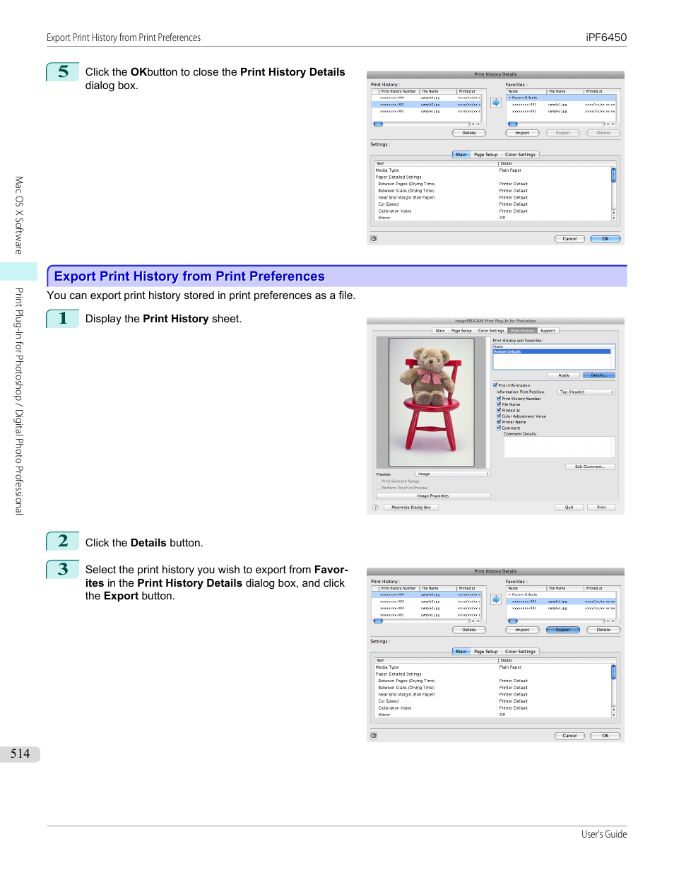 Export print history from print preferences, P.514 | Canon imagePROGRAF iPF6450 User Manual | Page 514 / 1066