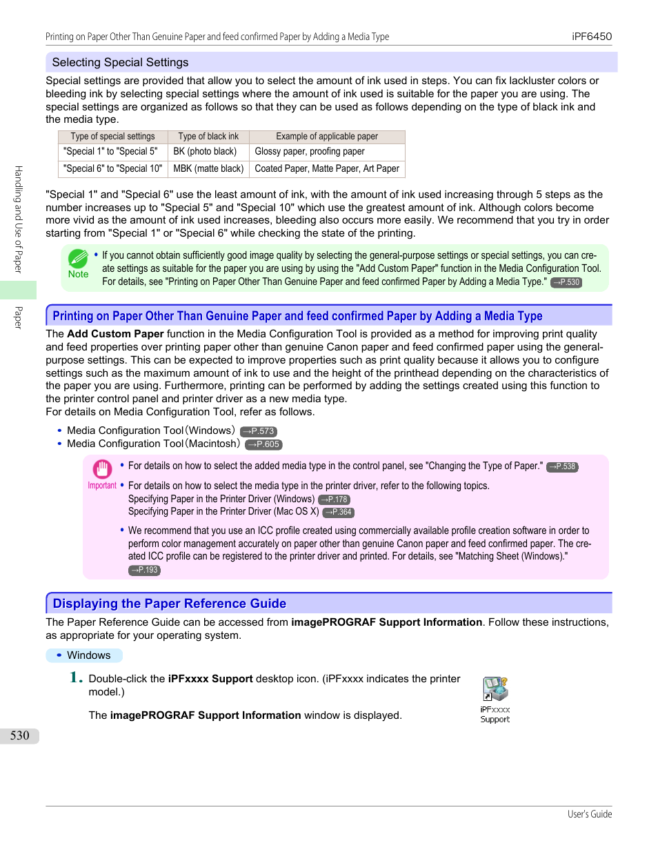 Displaying the paper reference guide, See "displaying the paper reference guide."), P.530 | Canon imagePROGRAF iPF6450 User Manual | Page 530 / 1066