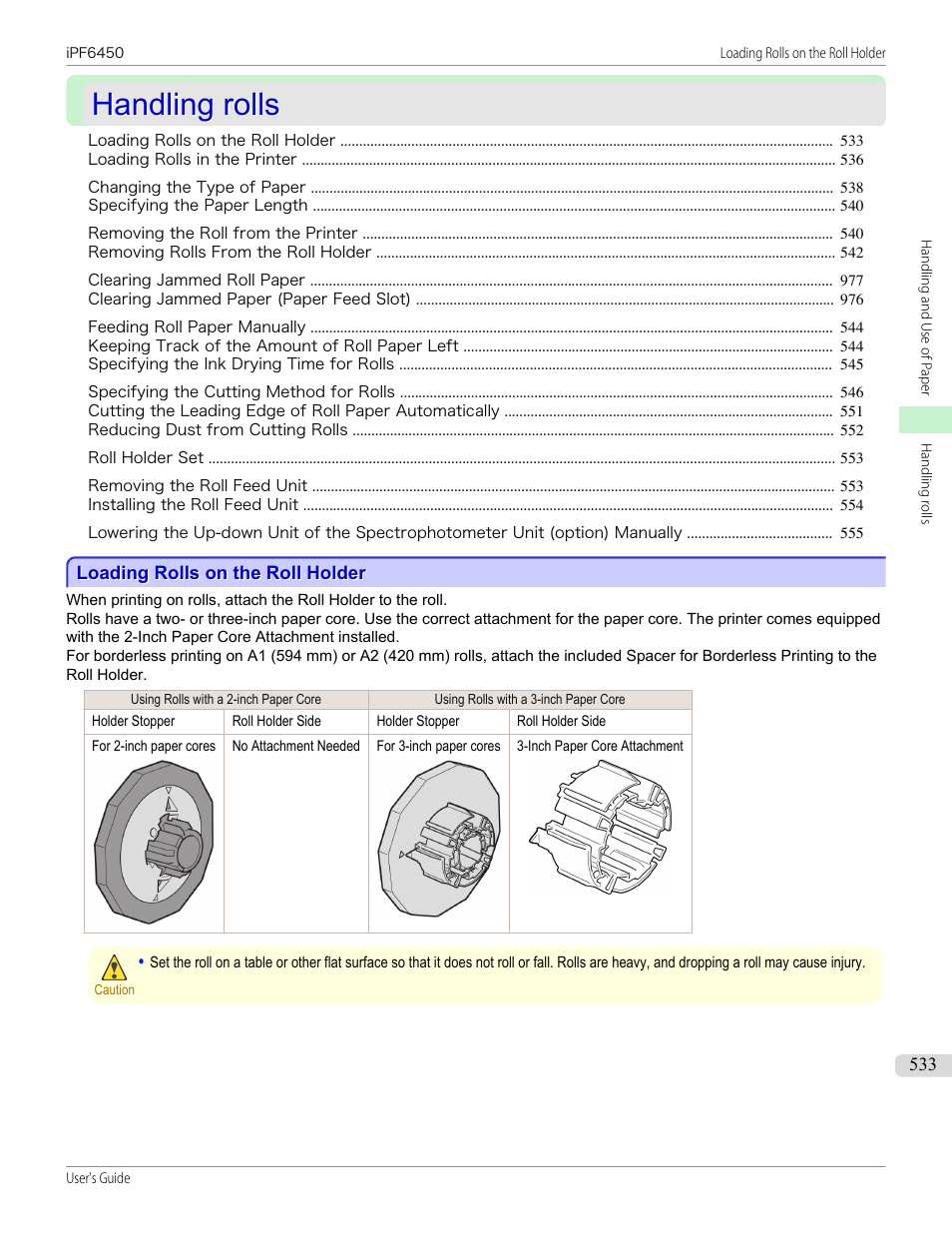 Handling rolls, Loading rolls on the roll holder, P.533 | See "loading rolls on the roll holder."), Er. (see "loading rolls on the roll holder."), See "loading rolls on the roll holder | Canon imagePROGRAF iPF6450 User Manual | Page 533 / 1066