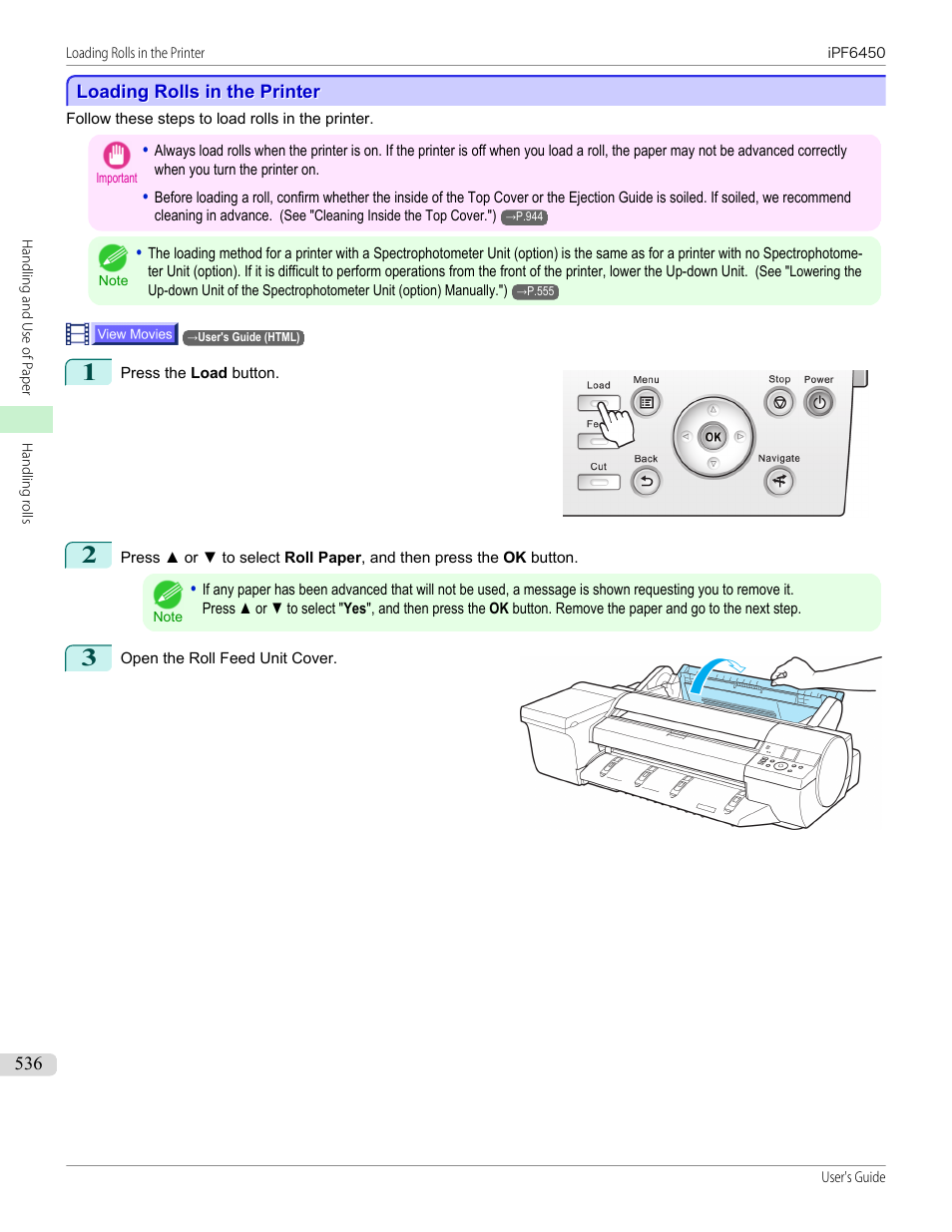Loading rolls in the printer, P.536 | Canon imagePROGRAF iPF6450 User Manual | Page 536 / 1066