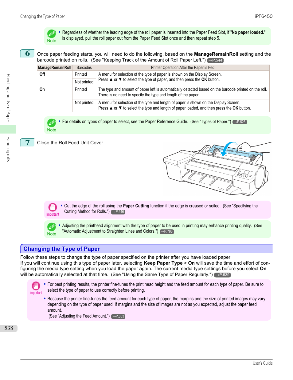 Changing the type of paper, P.538 | Canon imagePROGRAF iPF6450 User Manual | Page 538 / 1066