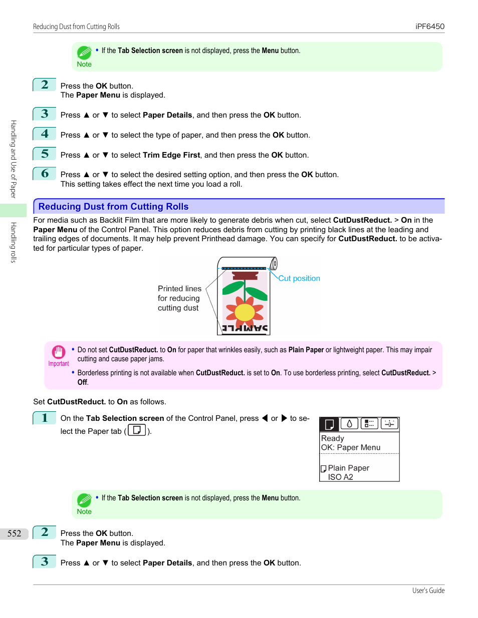 Reducing dust from cutting rolls | Canon imagePROGRAF iPF6450 User Manual | Page 552 / 1066