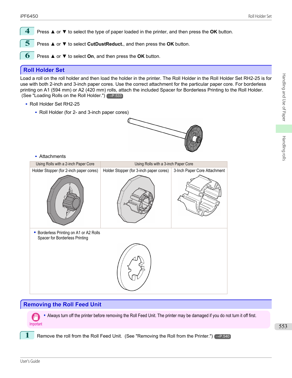 Roll holder set, Removing the roll feed unit, Roll holder set removing the roll feed unit | Canon imagePROGRAF iPF6450 User Manual | Page 553 / 1066