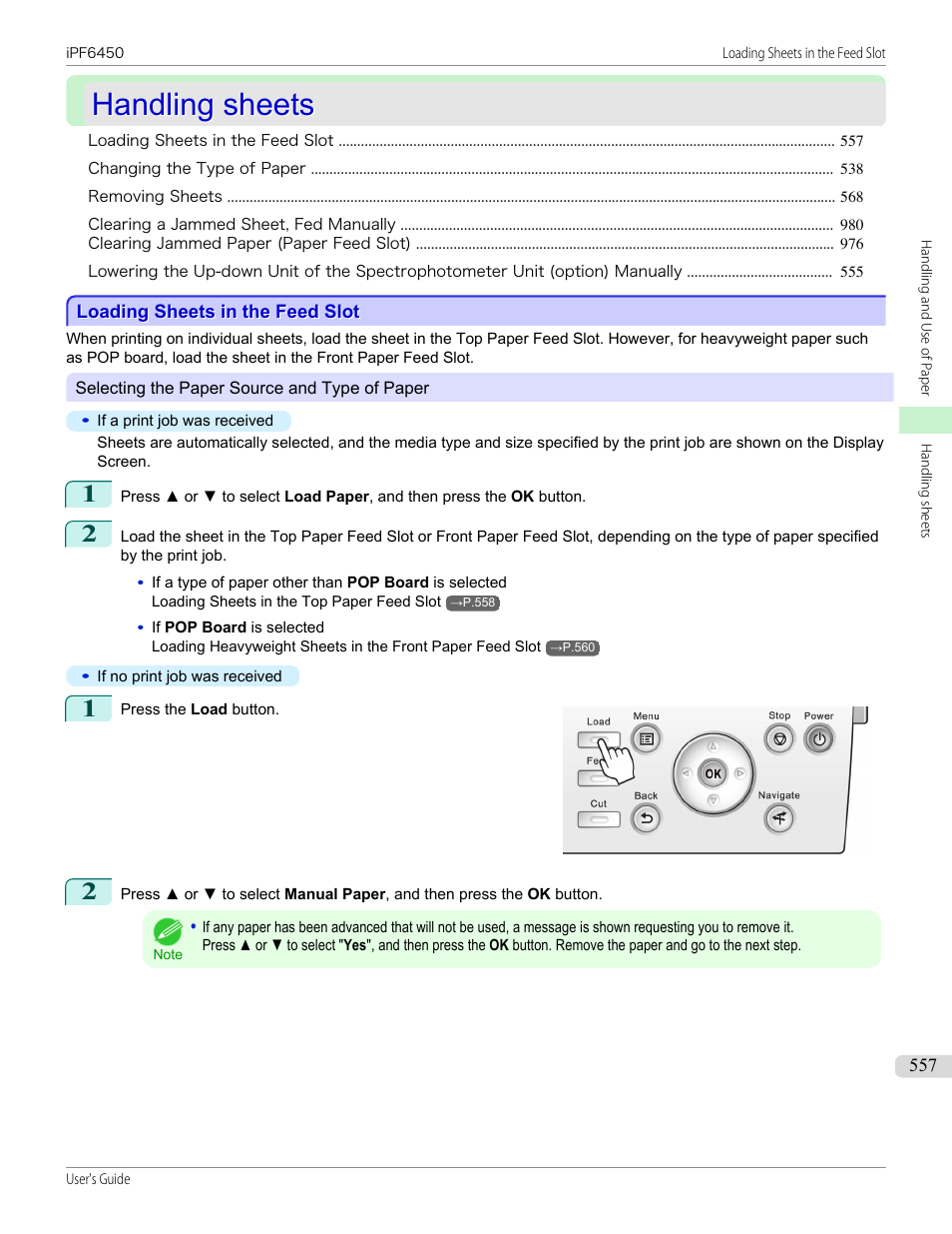 Handling sheets, Loading sheets in the feed slot, P.557 | Canon imagePROGRAF iPF6450 User Manual | Page 557 / 1066