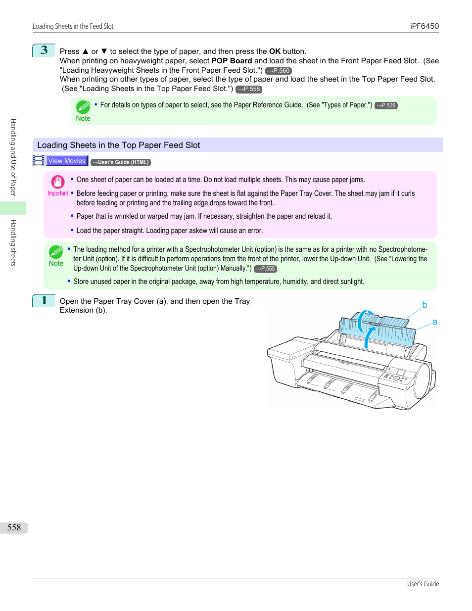 Loading sheets in the top paper feed slot, P.558 | Canon imagePROGRAF iPF6450 User Manual | Page 558 / 1066