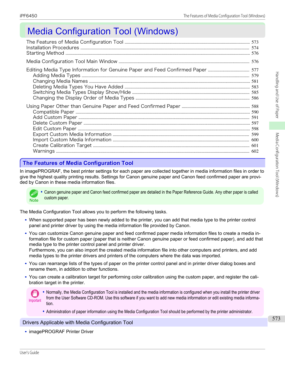 Media configuration tool (windows), The features of media configuration tool, Media configuration tool | P.573, Media configuration tool(windows), Windows | Canon imagePROGRAF iPF6450 User Manual | Page 573 / 1066