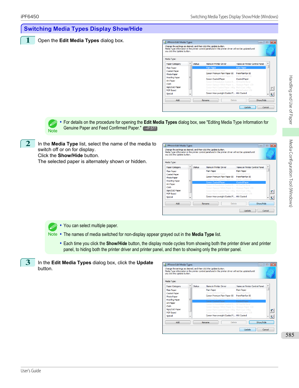 Switching media types display show/hide, See "switching media types dis- play show/hide, P.585 | Canon imagePROGRAF iPF6450 User Manual | Page 585 / 1066