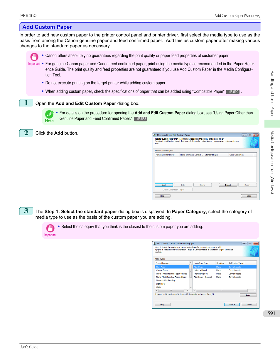 Add custom paper, See "add custom paper, P.591 | Canon imagePROGRAF iPF6450 User Manual | Page 591 / 1066