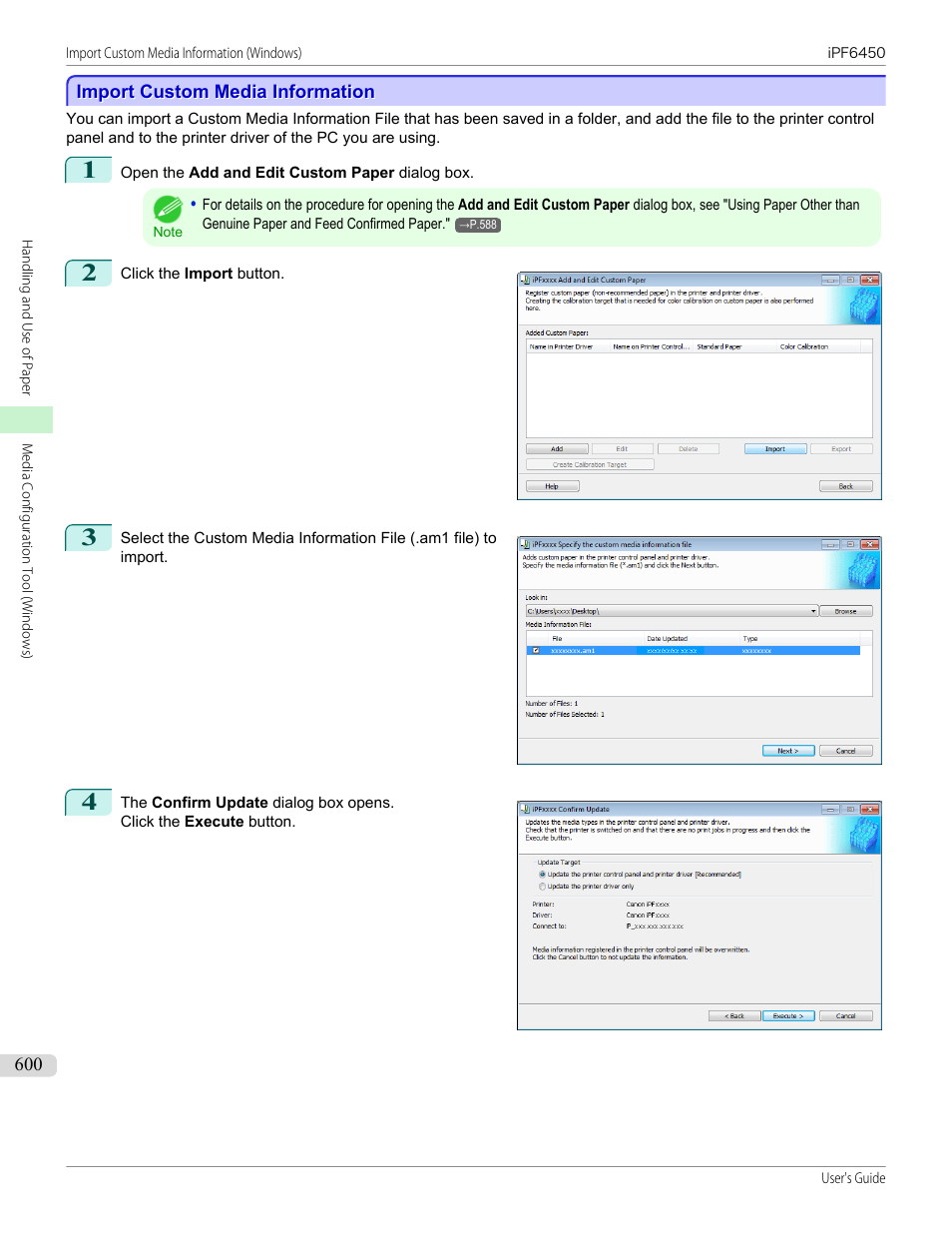 Import custom media information, See "import custom media informa- tion, P.600 | Canon imagePROGRAF iPF6450 User Manual | Page 600 / 1066