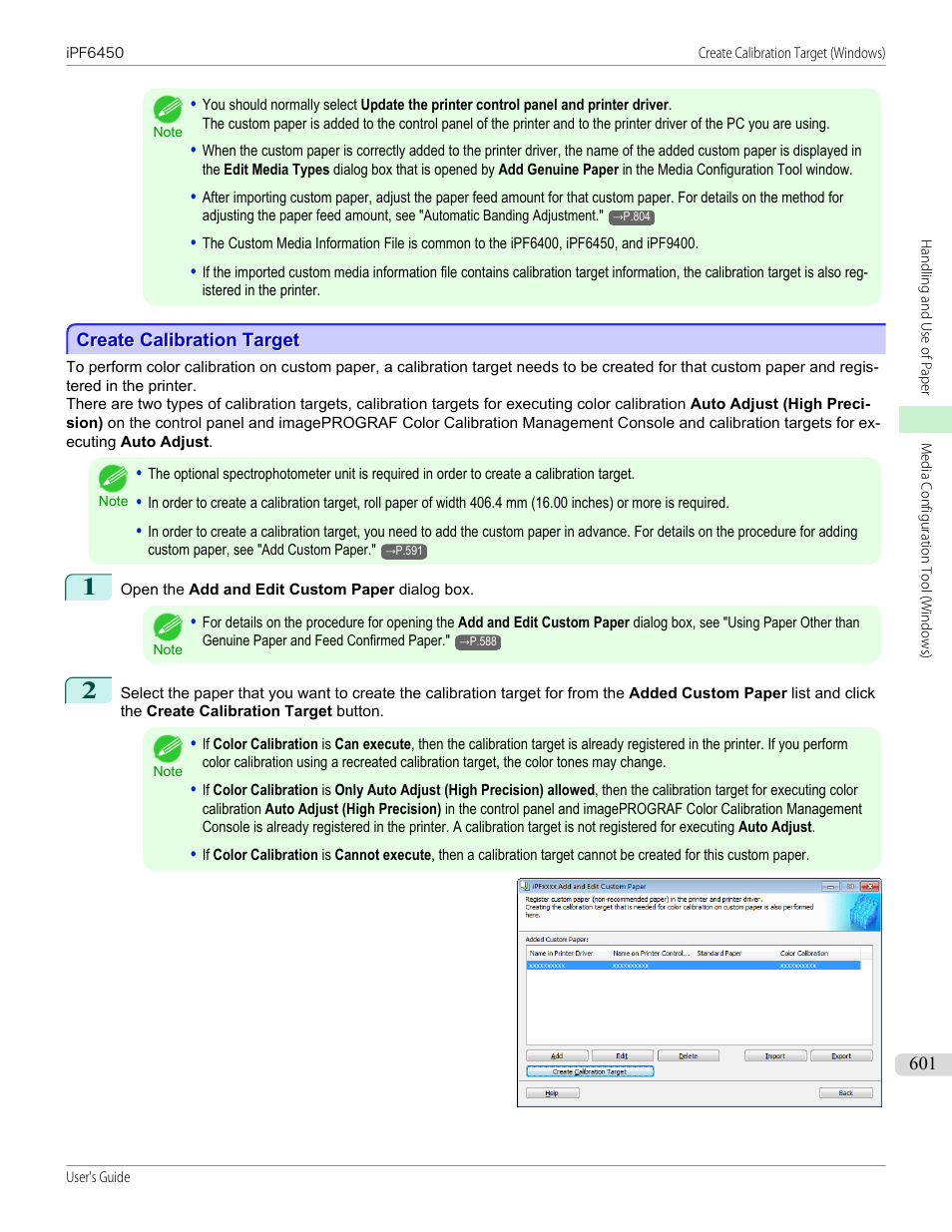 Create calibration target, See "create calibration target, P.601 | Canon imagePROGRAF iPF6450 User Manual | Page 601 / 1066