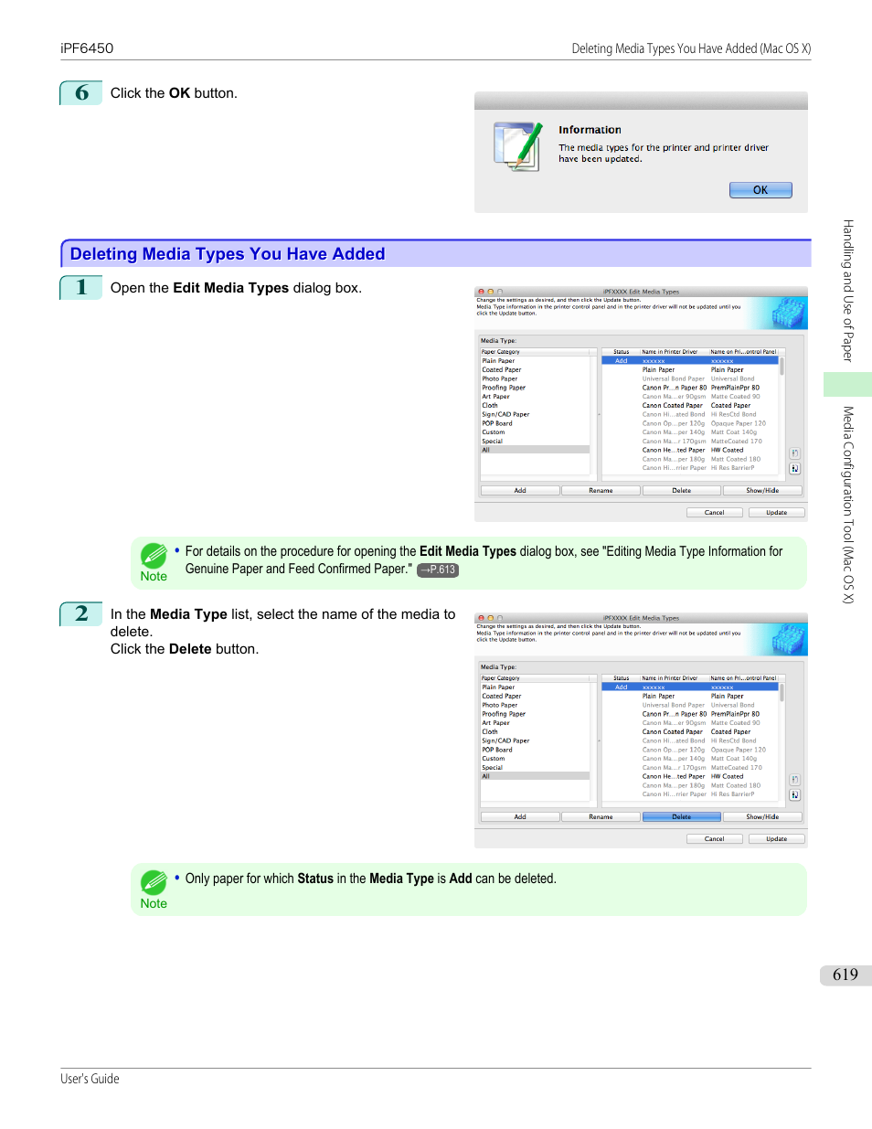 Deleting media types you have added, See "deleting media types you have added, P.619 | Canon imagePROGRAF iPF6450 User Manual | Page 619 / 1066