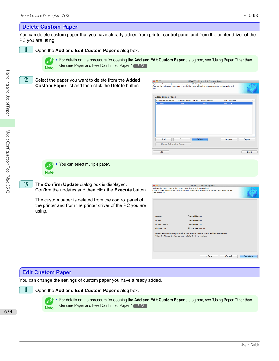 Delete custom paper, Edit custom paper, Delete custom paper edit custom paper | See "edit custom paper, P.634 | Canon imagePROGRAF iPF6450 User Manual | Page 634 / 1066