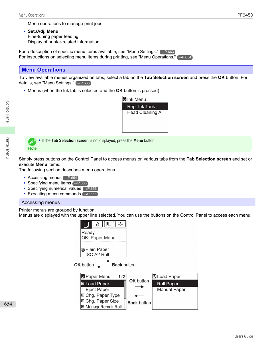 Menu operations, See "menu operations, P.654 | Canon imagePROGRAF iPF6450 User Manual | Page 654 / 1066