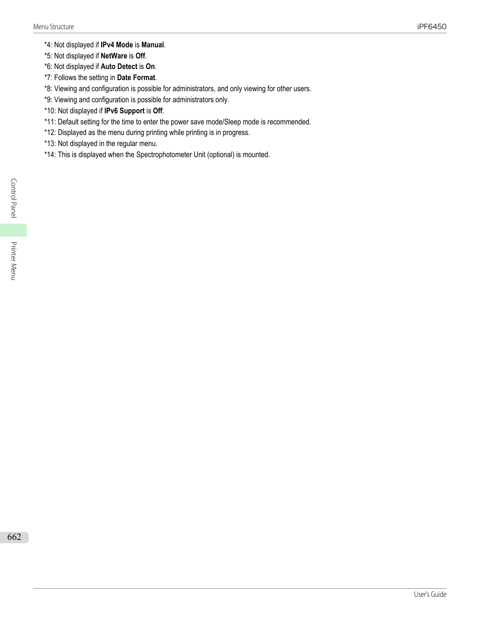 Tcp/ip (*8), Protocol (*4, Dhcp (*8) | Date (*9), Pri. dns srvaddr (*9), Saddrs (*8) (*10, Netware (*8), Return defaults (*8), Secure (*8), Word (*9) | Canon imagePROGRAF iPF6450 User Manual | Page 662 / 1066