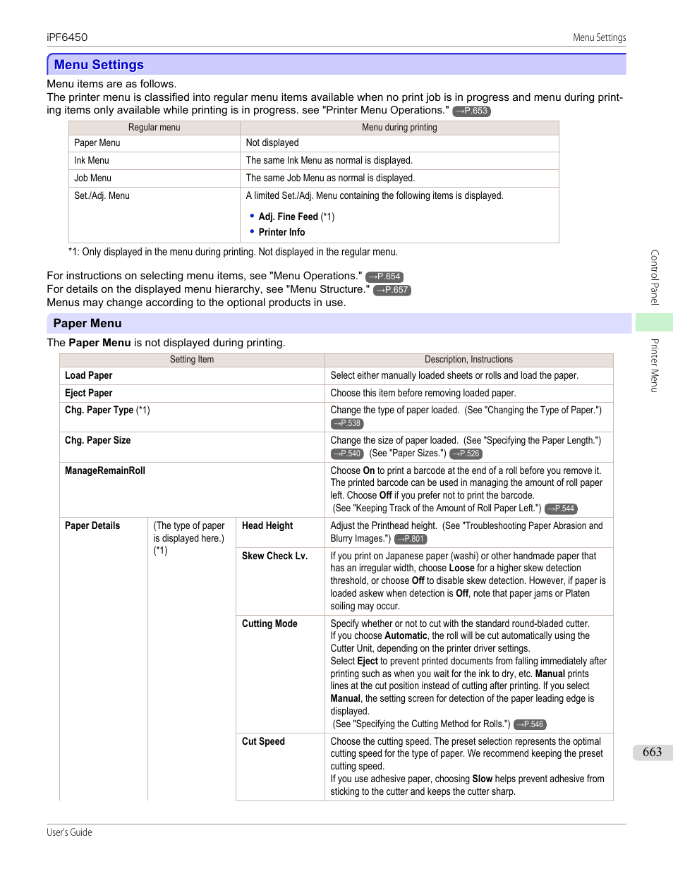 Menu settings, El of the printer. (refer to "menu settings, P.663 | See "menu settings."), Menu. (see "menu settings."), See "menu settings, For details on menu items, see "menu settings | Canon imagePROGRAF iPF6450 User Manual | Page 663 / 1066