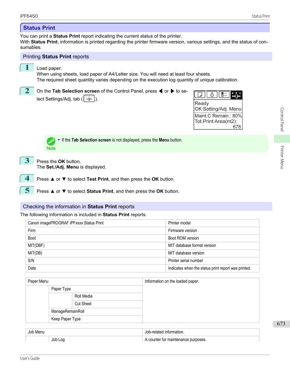 Status print | Canon imagePROGRAF iPF6450 User Manual | Page 673 / 1066