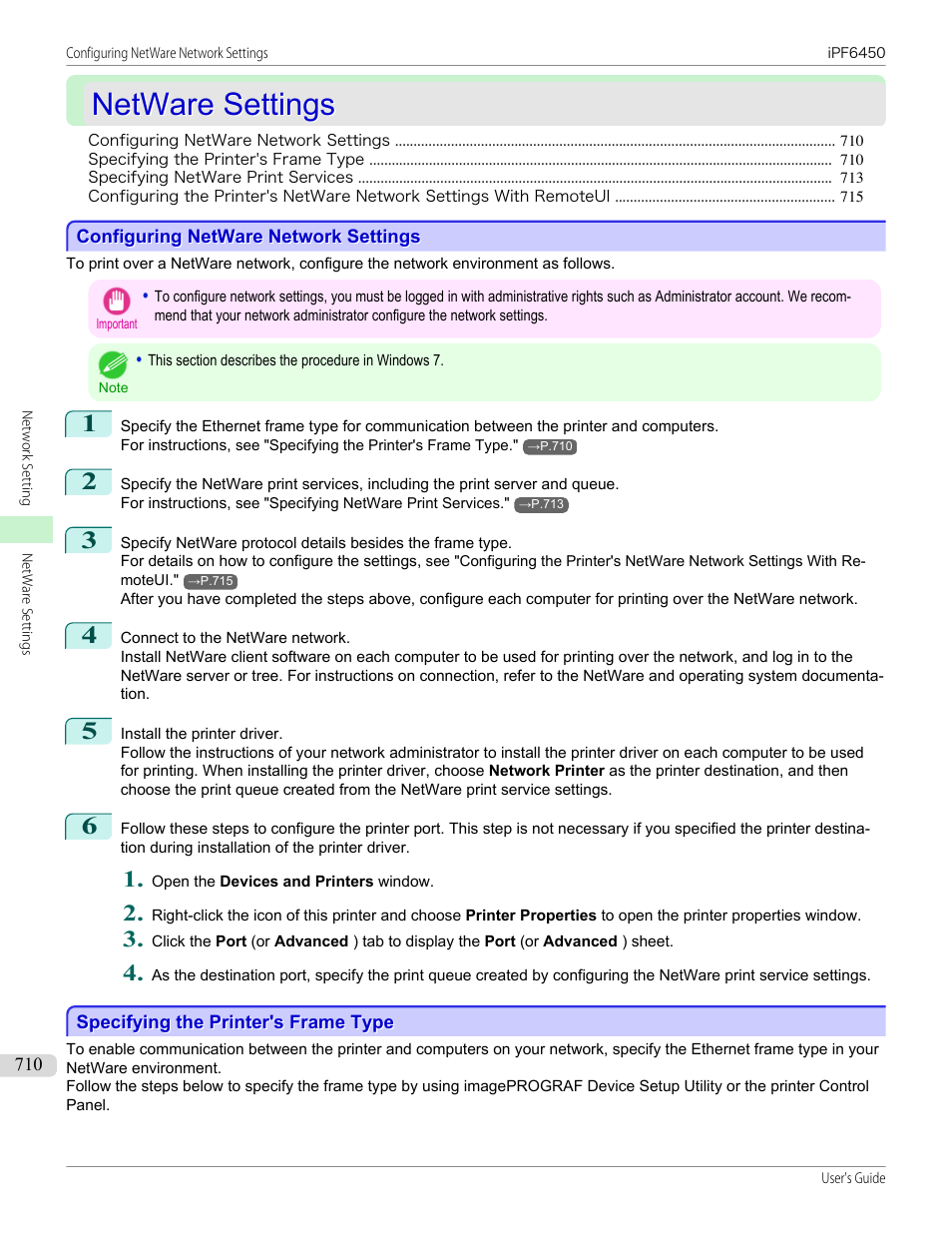 Netware settings, Configuring netware network settings, Specifying the printer's frame type | Canon imagePROGRAF iPF6450 User Manual | Page 710 / 1066