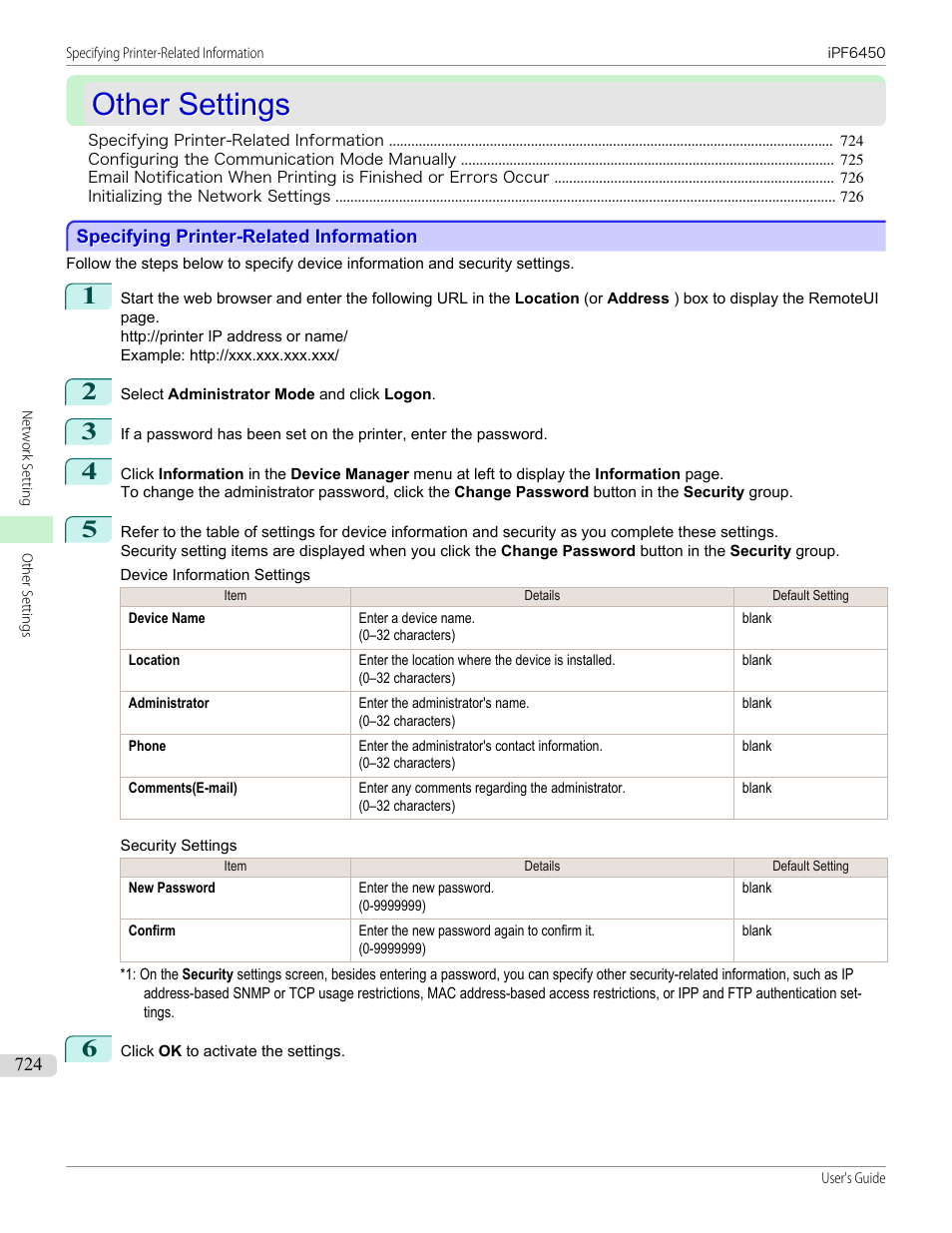 Other settings, Specifying printer-related information, P.724 | Canon imagePROGRAF iPF6450 User Manual | Page 724 / 1066