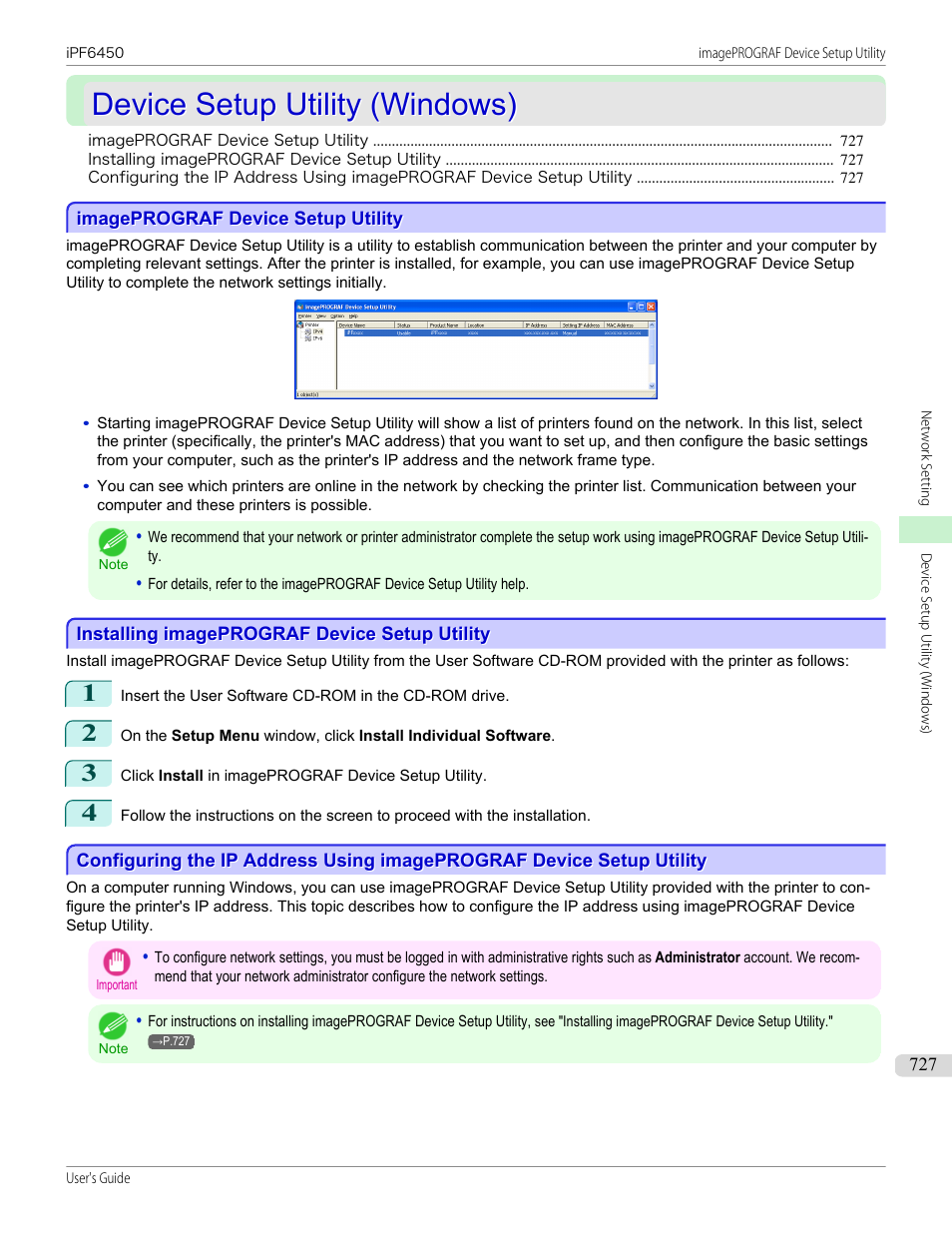 Device setup utility (windows), Imageprograf device setup utility, Installing imageprograf device setup utility | Device setup utility, P.727 | Canon imagePROGRAF iPF6450 User Manual | Page 727 / 1066