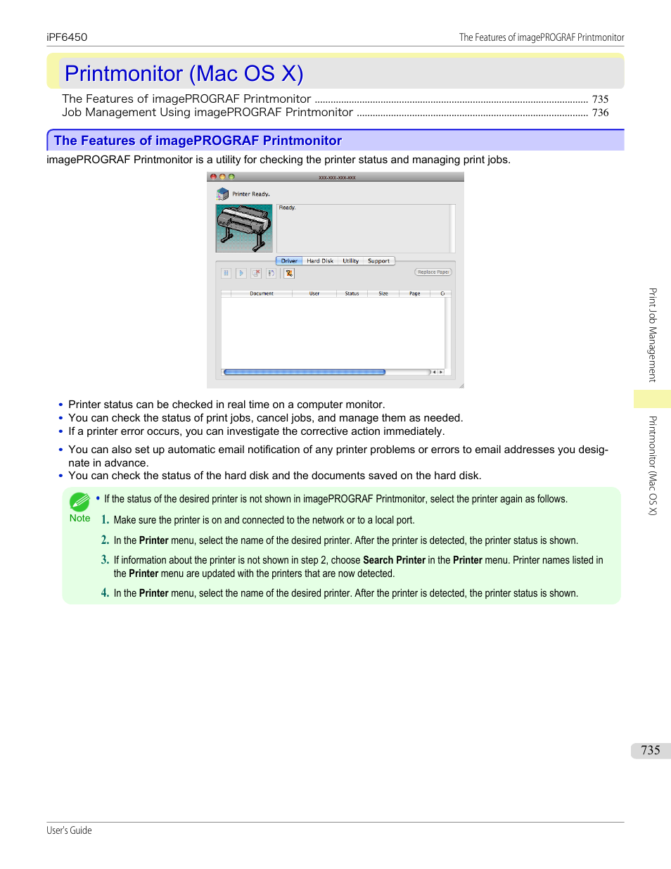 Printmonitor (mac os x), The features of imageprograf printmonitor, Printmonitor | Canon imagePROGRAF iPF6450 User Manual | Page 735 / 1066