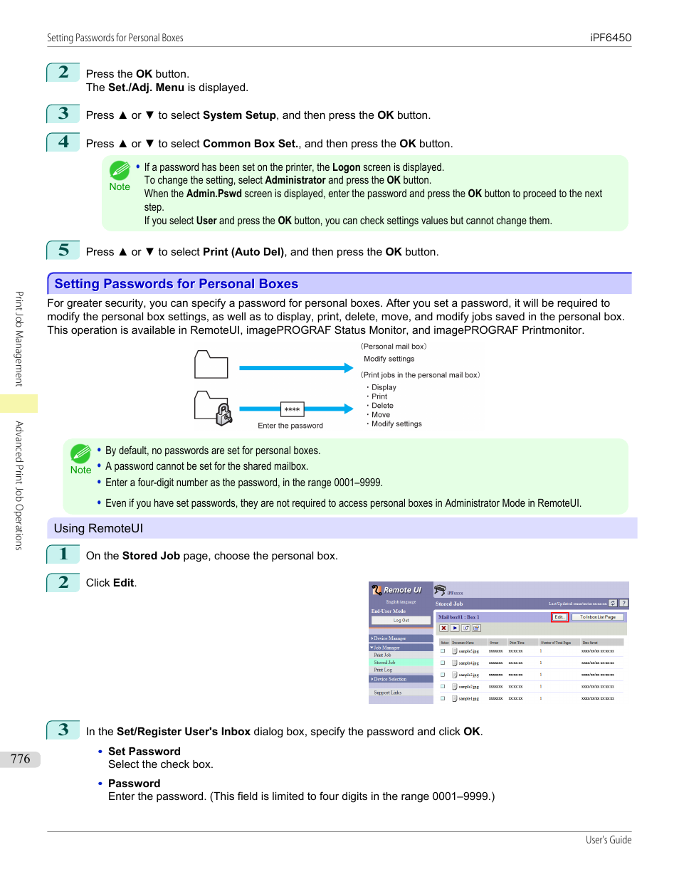 Setting passwords for personal boxes | Canon imagePROGRAF iPF6450 User Manual | Page 776 / 1066