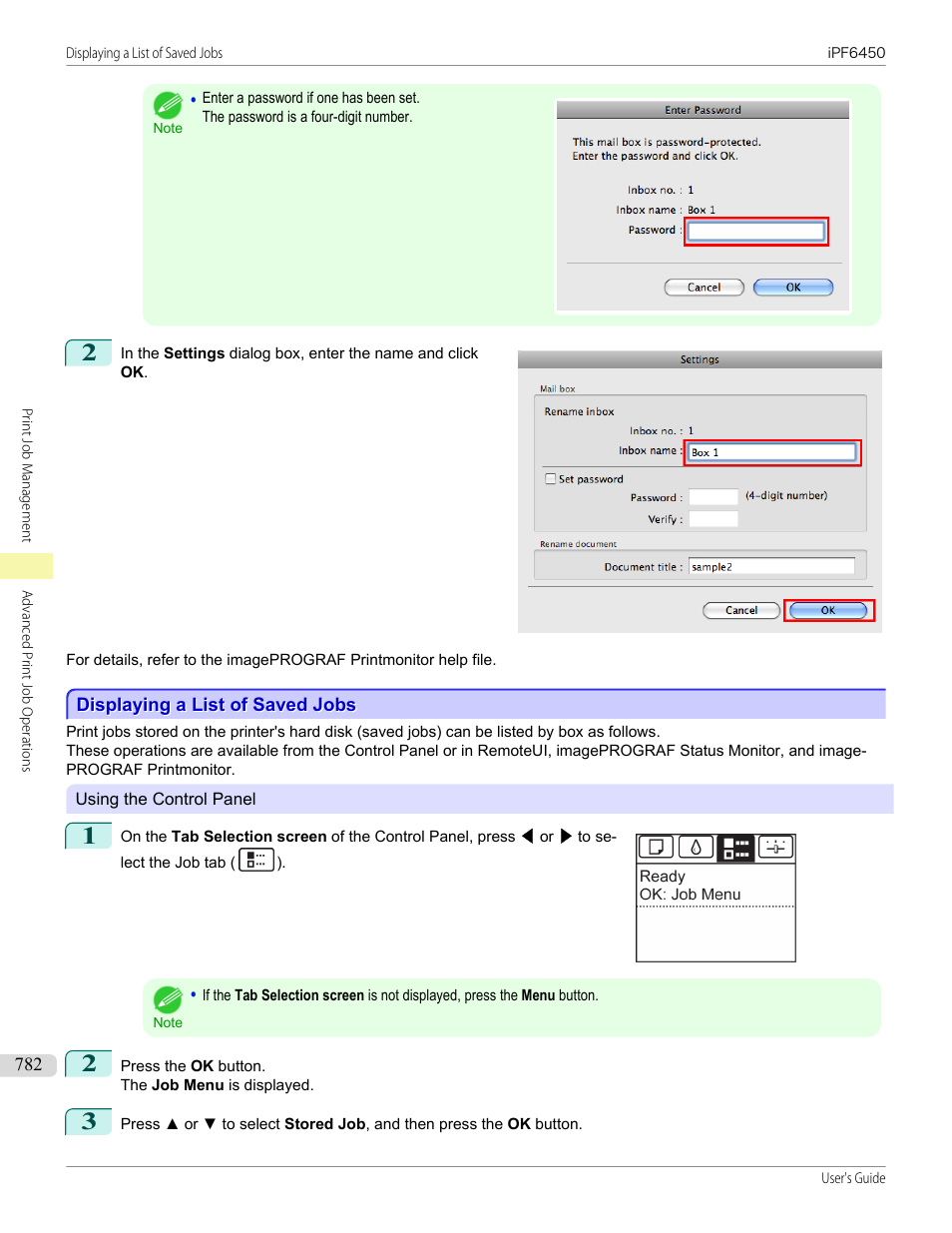 Displaying a list of saved jobs | Canon imagePROGRAF iPF6450 User Manual | Page 782 / 1066
