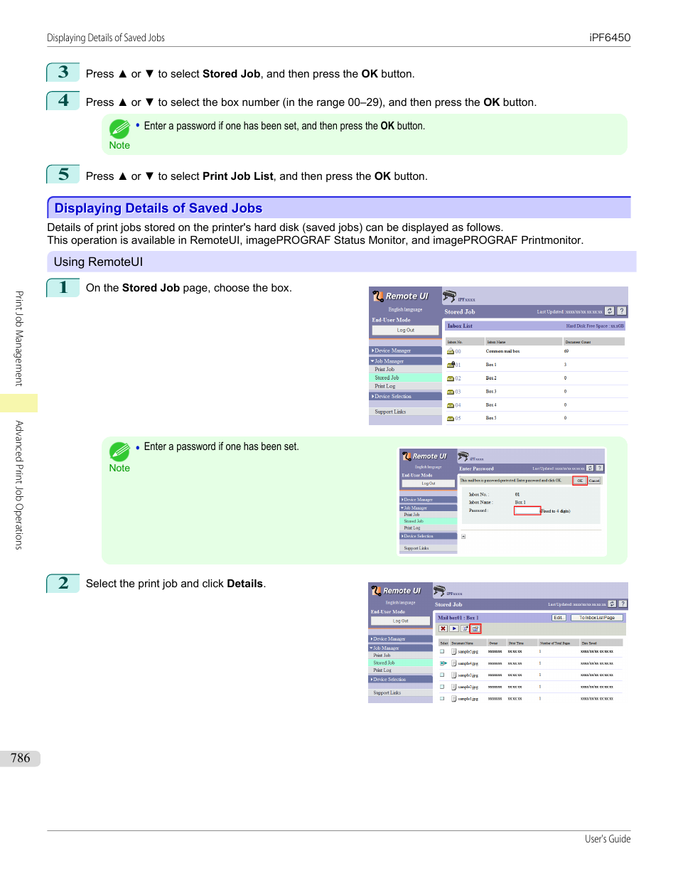 Displaying details of saved jobs | Canon imagePROGRAF iPF6450 User Manual | Page 786 / 1066