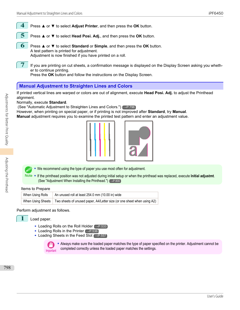 Manual adjustment to straighten lines and colors, P.798 | Canon imagePROGRAF iPF6450 User Manual | Page 798 / 1066