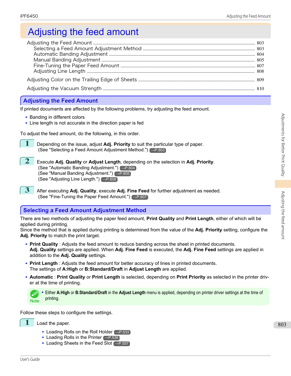 Adjusting the feed amount, Selecting a feed amount adjustment method, See "adjusting the feed amount.") | P.803 | Canon imagePROGRAF iPF6450 User Manual | Page 803 / 1066