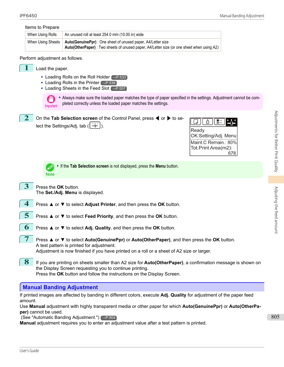 Manual banding adjustment, See "manual banding adjustment."), P.805 | Canon imagePROGRAF iPF6450 User Manual | Page 805 / 1066