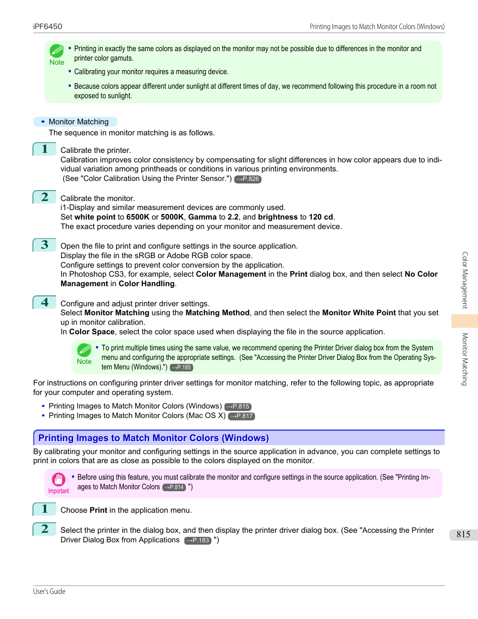 Printing images to match monitor colors (windows) | Canon imagePROGRAF iPF6450 User Manual | Page 815 / 1066