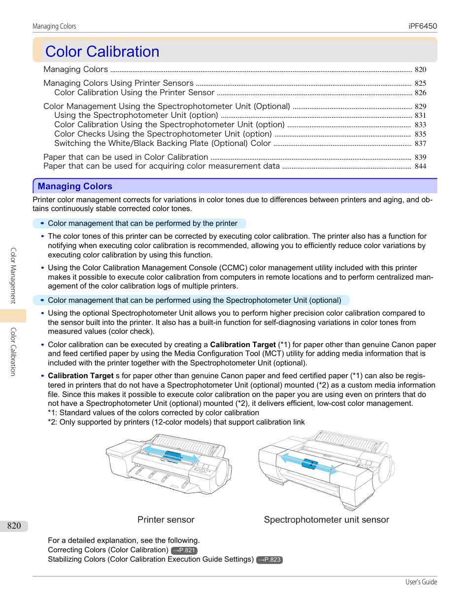 Color calibration, Managing colors, See "managing colors | P.820 | Canon imagePROGRAF iPF6450 User Manual | Page 820 / 1066
