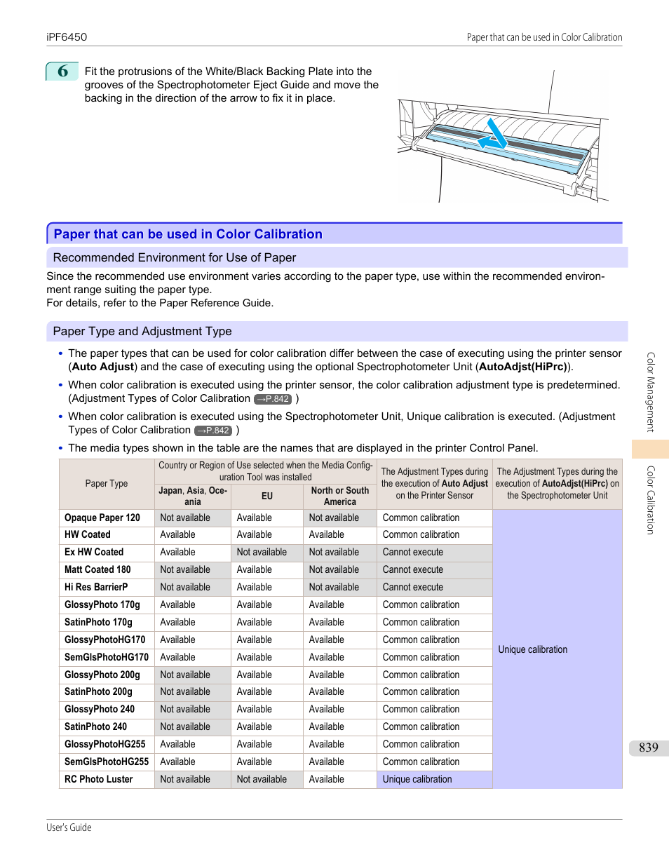 Paper that can be used in color calibration, P.839, Paper that can be used in color calibra- tion | Canon imagePROGRAF iPF6450 User Manual | Page 839 / 1066