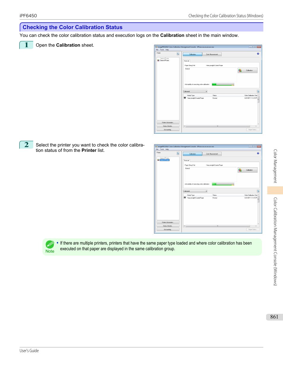 Checking the color calibration status, Checking the color calibration status (windows), P.861 | Canon imagePROGRAF iPF6450 User Manual | Page 861 / 1066