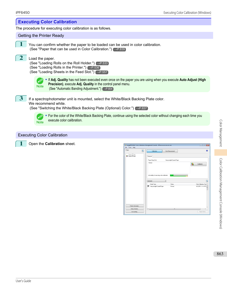 Executing color calibration, Executing color calibration (windows), P.863 | See "executing color calibration (windows)."), See "executing color calibration | Canon imagePROGRAF iPF6450 User Manual | Page 863 / 1066